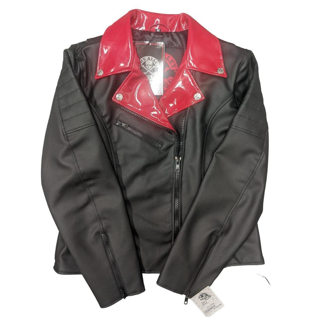 Miyuki Classic Vegan Moto Jacket with Wet Look Red Collar Detail - The Alley Chicago
