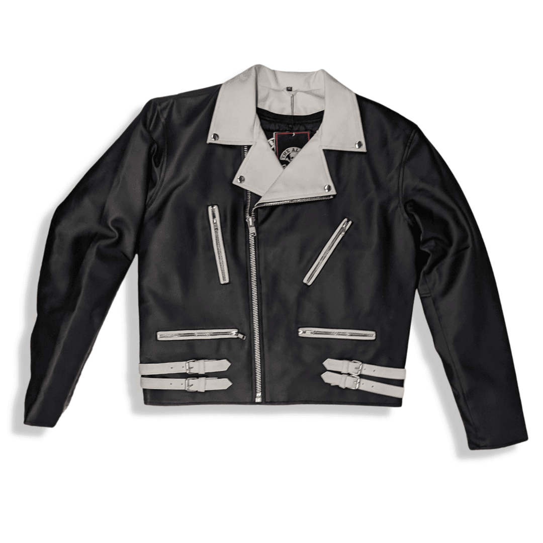 Vegan Classic Black Motorcycle Jacket with White Collar & Detail