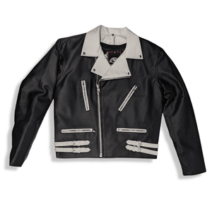 Vegan Classic Black Motorcycle Jacket with White Collar & Detail